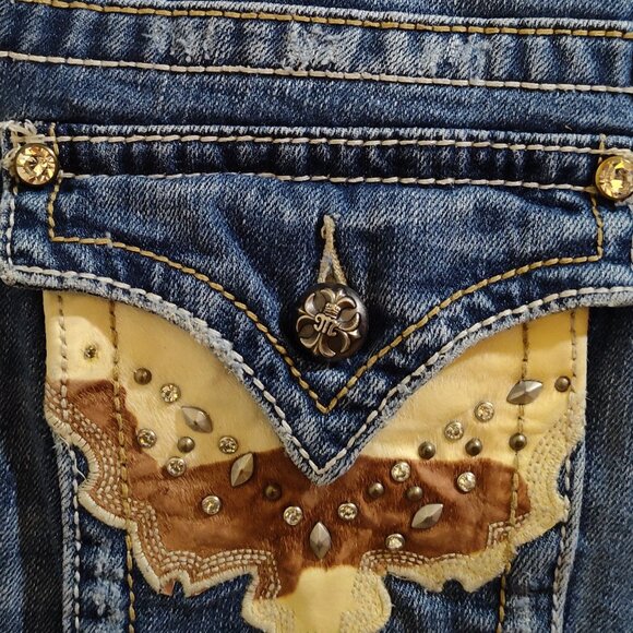 Miss Me Cowhide Fuzzy Flap Back Pockets Bootcut Style JW4292B6 Size 26 - Picture 8 of 9